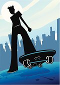 Fully editable vector illustration of a skateboarder in a city scene.