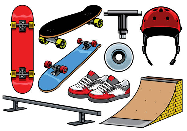 stockillustraties, clipart, cartoons en iconen met skateboard objecten instellen - skateboard