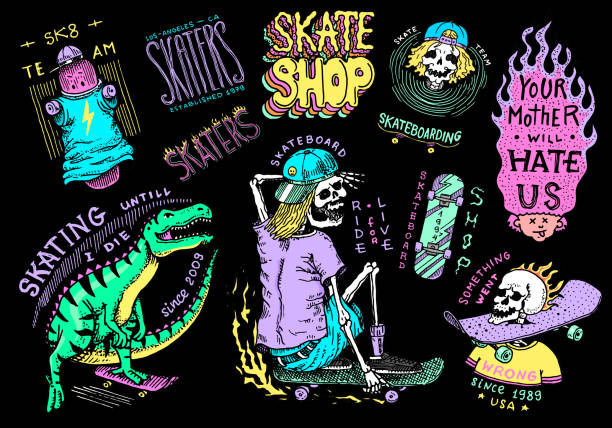 skateboard-shop-aufkleber-set. dinosaurier und skelette reiten auf den brettern abzeichen. feuriger kopf und schädel. vintage retro-etiketten für t-shirts und typografie. hand gezeichnet egravierte skizze - skateboard stock-grafiken, -clipart, -cartoons und -symbole