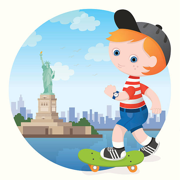 Skater boy Statue of Liberty Skateboarding boy in New York cartoon of a statue of liberty free stock illustrations