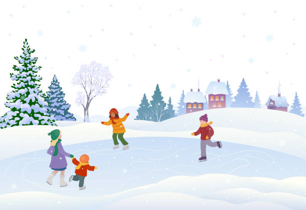 Skating kids in a village vector art illustration