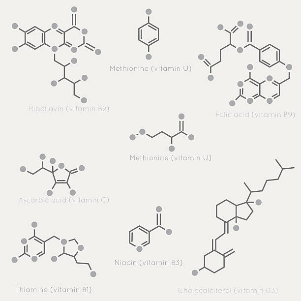 Skeletal formulas of vitamins Skeletal formulas of some vitamins. Schematic image of chemical organic molecules, nutrients. chemical formula stock illustrations