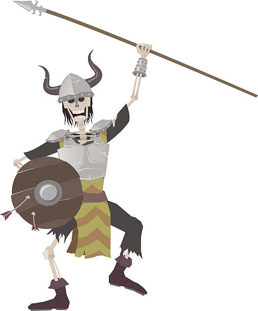 skeleton warrior with spear vector art illustration