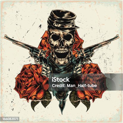 istock Skeleton with two revolvers on abstract background 166082071