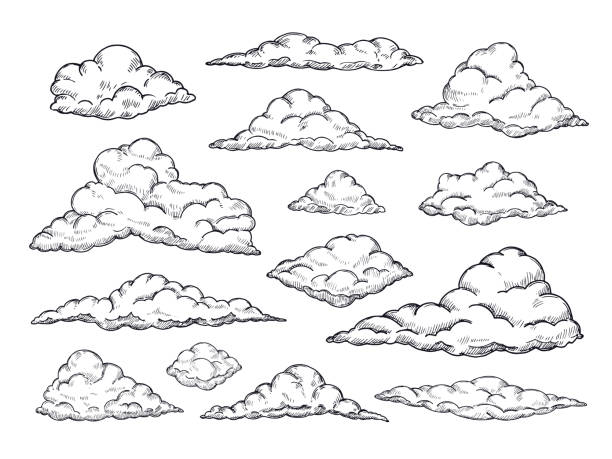 Sketch clouds. Hand drawn sky cloudscape. Outline sketching cloud vintage vector collection vector art illustration
