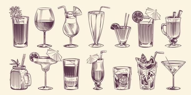 Sketch cocktails. Hand drawn different cocktail, alcohol drink in glass for party restaurant menu, cold mojito, tropical pina colada and margarita, engraving style vector isolated set Sketch cocktails. Hand drawn different cocktail set, alcohol drink in glass for party restaurant or cafe menu, cold mojito, tropical pina colada and margarita, engraving style vector isolated set cocktail drawings stock illustrations