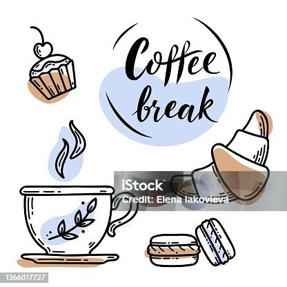 istock Sketch hand drawn image of cup with coffee, croissant, macaroons, cupcake and lettering sign Coffee break.  Lifestyle motivation concept 1366017727