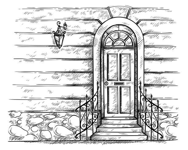 stockillustraties, clipart, cartoons en iconen met schets hand getrokken oude houten deur met portiek en traliewerkvector - old stone stair