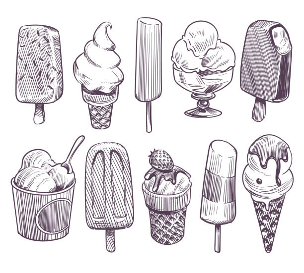 ilustraciones, imágenes clip art, dibujos animados e iconos de stock de esboza helado. diferentes cuencos con helado, esquimal con esmalte de chocolate. crema de fruta batida cono de oblea. conjunto de vectores retro - ice cream