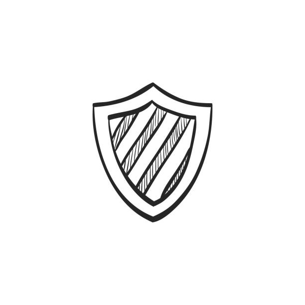 Sketch icon - Shield Stripe Stripe shield icon in doodle sketch lines. Protection, safety, guard, computer antivirus security drawings stock illustrations