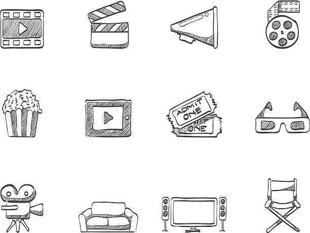 Sketch Icons - Movie Movie icon series in sketch.  EPS 10. AI, PDF & transparent PNG of each icon included. movie drawings stock illustrations