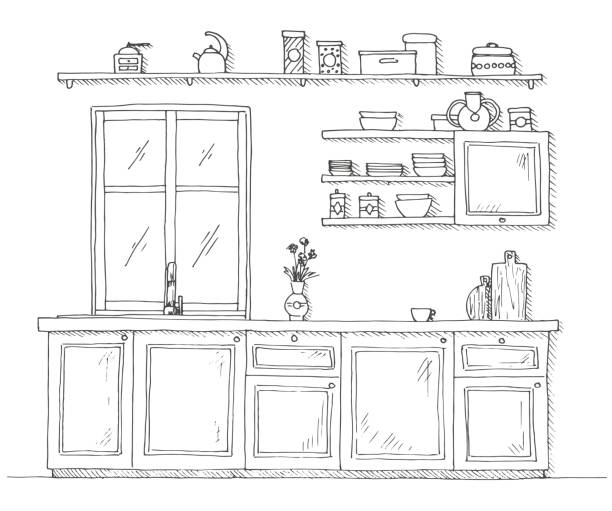Sketch kitchen with a window. Vector illustration in a sketch style. Sketch kitchen with a window. Vector illustration in a sketch style. kitchen designs stock illustrations