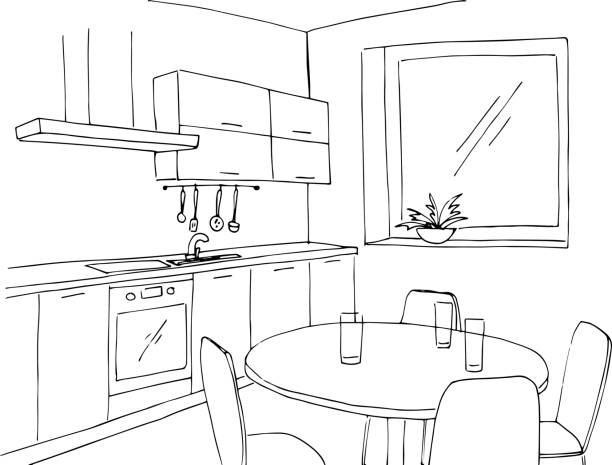 skizze küche mit fenster. vektor-illustration in einer skizze-stil. - kitchen table stock-grafiken, -clipart, -cartoons und -symbole