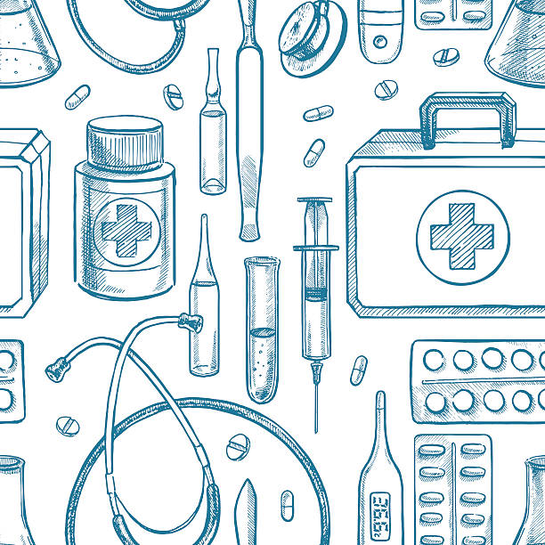 sketch medical equipment seamless background with sketch medical supplies. hand-drawn illustration doctor patterns stock illustrations