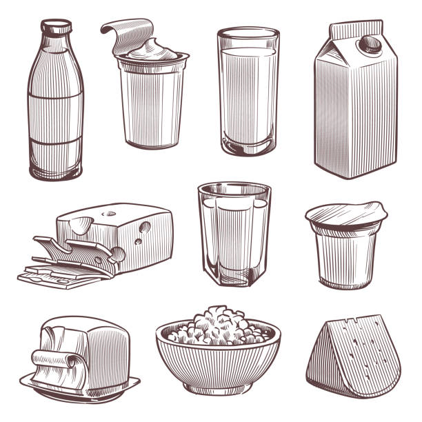 çizim sütü. süt çiftliği taze ürünler, süt şişesi ve peynir. yoğurt paketi, tereyağı diyet doğal gıda vintage el vektör seti çizilmiş - crumble stock illustrations