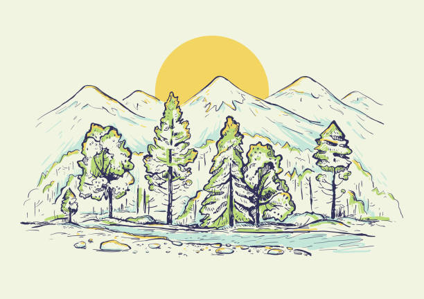 Sketch of a high mountain ranges with forest, river, sunrise or sunset. Landscape. Hand drawn color vector background Sketch of a high mountain ranges with forest, river, sunrise or sunset. Landscape. Hand drawn color vector background. Design for t-shirt, pillow print. Postcard, cover and poster river drawings stock illustrations