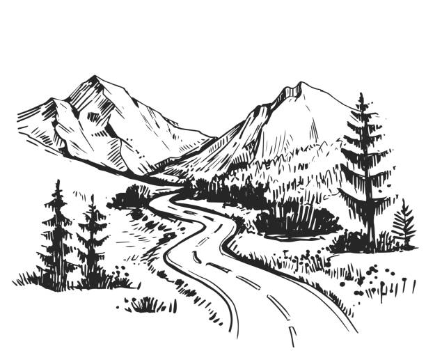 Sketch of a landscape with a road and mountains. Hand drawn illustration converted to vector Sketch of a landscape with a road and mountains. Hand drawn illustration converted to vector mountain drawings stock illustrations