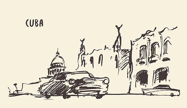 쿠바의 거리의 스케치. 벡터 그림입니다. - cuba stock illustrations