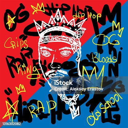 istock Sketch of bearded man with crown on abstract background with handwritten text. Hip-hop poster, rap print. Drawn by hand. Vector illustration. 1316302082