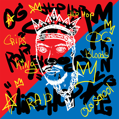 Sketch of bearded man with crown on abstract background with handwritten text. Hip-hop poster, rap print. Drawn by hand. Vector illustration.