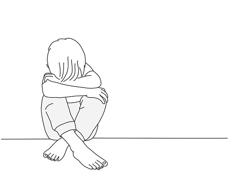 Sketch of child. Boy sits with his head on his knees.