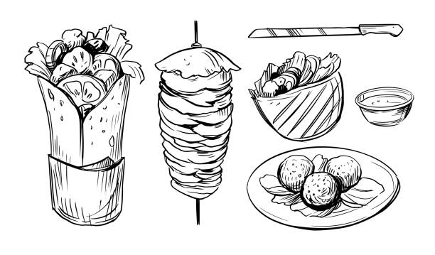 Sketch of doner kebab. Fast food illustration. Sketch of doner kebab. Fast food illustration. shawarma stock illustrations
