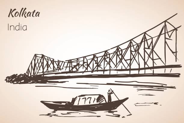 Sketch of indian city Kolkata bridge. Sketch of indian city Kolkata bridge. Isoated on whita background kolkata stock illustrations