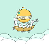 Sketch of little man fly on aerostat. Doodle cute miniature scene about adventure. Hand drawn cartoon vector illustration for vacation design.
