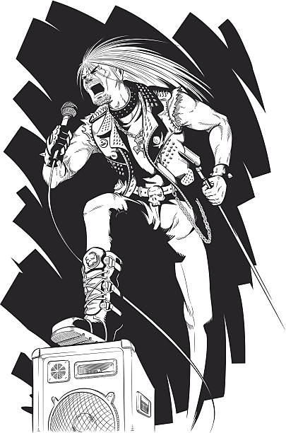 Sketch of Rocker Singing on Concert A vector set of a rocker singing loudly using the mic. Drawn in sketch style, this vector is very good for design that need band or music element in unique style. metal drawings stock illustrations