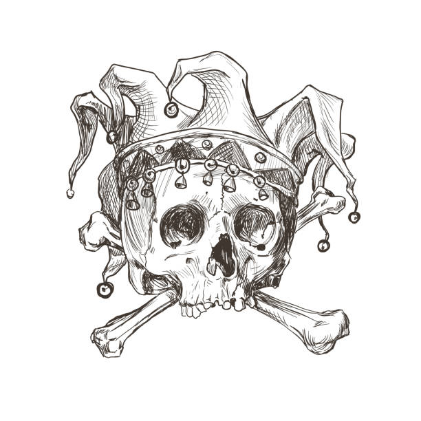Sketch of the skull of a joker in a comic cap. Sketch of the skull of a joker in a comic cap. Vector illustration. jester stock illustrations