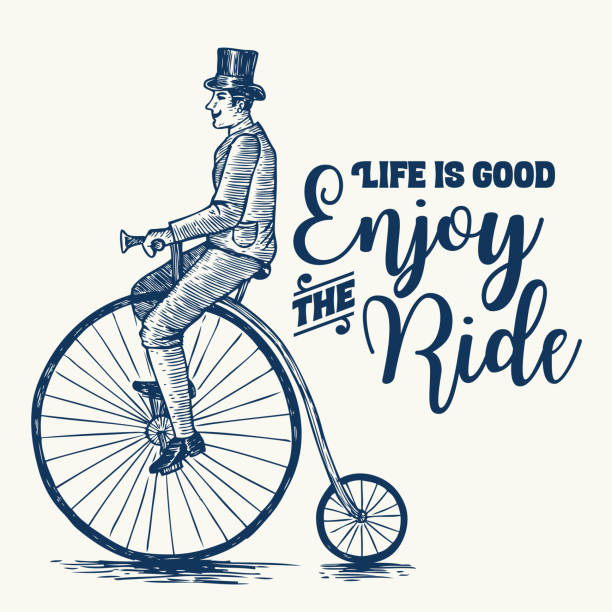 維多利亞男子騎一便士自行車與文字生活很好享受騎, 向量插圖和剪貼畫。 - 單車   插圖 幅插畫檔、美工圖案、卡通及圖標