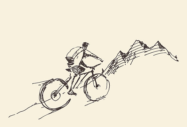Sketch rider bicycle standing top hill vector Sketch of a rider with a bicycle, standing on top of a hill. Vector illustration cycling drawings stock illustrations