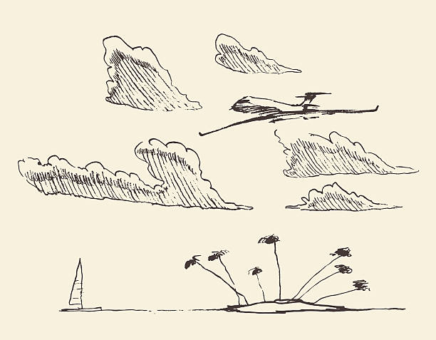 Sketch seaside view island vector illustration. Sketch of an abstract seaside view and island, vector illustration, sketch big island hawaii islands stock illustrations
