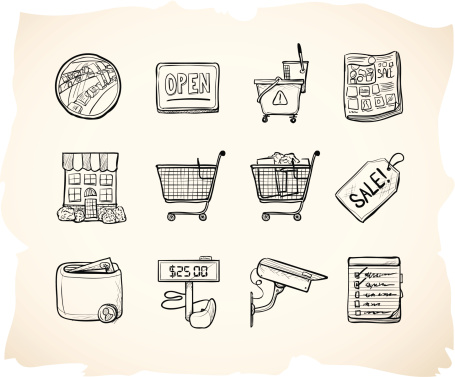 Icons in hand drawn sketch style for store theme