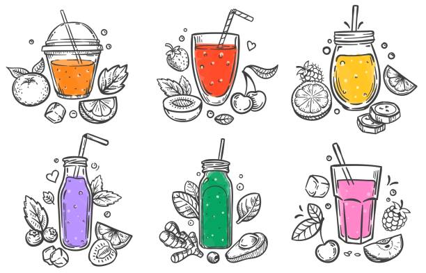 Sketch smoothie. Healthy superfood, glass of fruit and berries smoothies and slised natural fruits hand drawn vector illustration set Sketch smoothie. Healthy superfood, glass of fruit and berries smoothies and slised natural fruits hand drawn vector illustration set. Smoothie fruit healthy, fresh drink diet, organic juice smoothie drawings stock illustrations