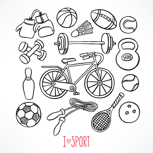 sketch sport equipment set with sketch sport equipment. hand-drawn illustration soccer drawings stock illustrations