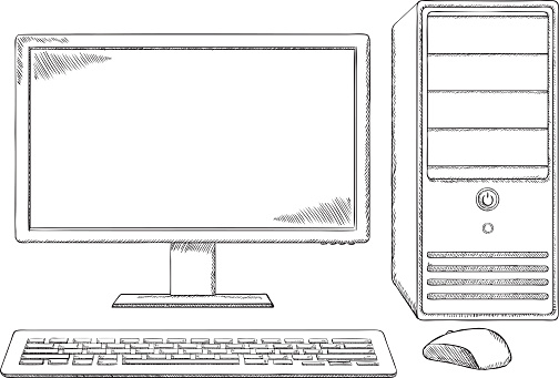 Sketch style Desktop Computer Monitor Keyboard and Mouse