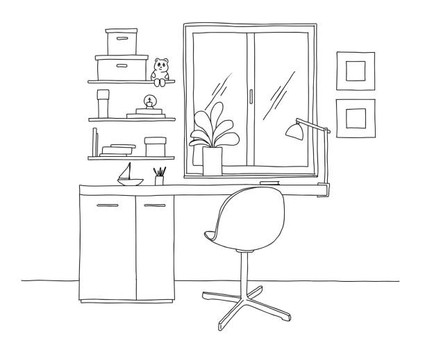 Sketch the room. Office chair, desk, various objects on the table. Sketch workspace. Vector illustration Sketch the room. Office chair, desk, various objects on the table. Sketch workspace. Vector illustration window drawings stock illustrations