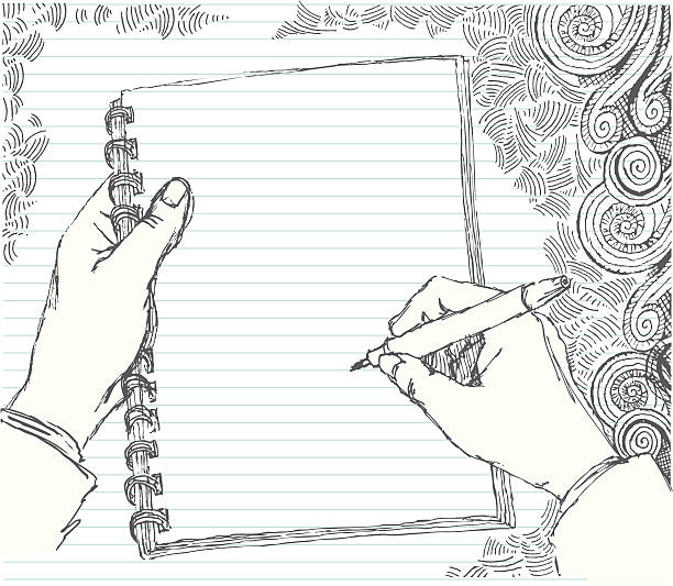 Sketched hand doodling Hand-drawn doodle from the artist's point of view of a sketched hand doodling. Open area on the sketch pad/note pad for you to put your own drawing or text. All parts of the drawing are grouped and on separate layers making for easy changes. Hand with pen can be moved to any position and drawing underneath it is complete. Swirly doodles on layers that can be easily removed. XL 5000x5000 jpeg included. sketch pad stock illustrations
