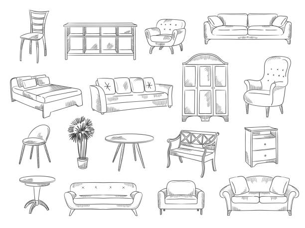 Sketches furniture. Modern interior objects chairs beds technical drawings for architectural design projects recent vector illustrations set collection Sketches furniture. Modern interior objects chairs beds technical drawings for architectural design projects recent vector illustrations set collection. Furniture interior, modern sofa sketch for home bed furniture patterns stock illustrations