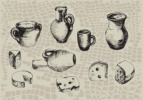 Sketches of pottery and cheeses on beige background