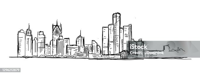istock Sketchy and loose drawing of downtown Detroit Michigan USA skyline 1296212879