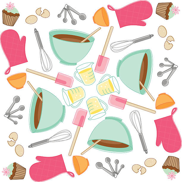 Sketchy Baking Pattern Seamless repeating pattern with baking items plus cupcakes in a sketchy style. Download contains Illustrator CS6 ai, Illustrator 10.0 eps, and high-res jpeg. kathrynsk stock illustrations
