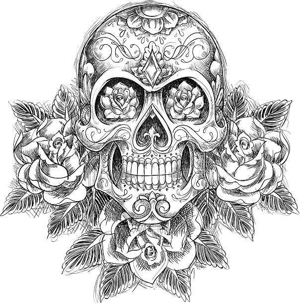Sketchy Skull with Roses Sketchy Skull with Roses. skulls tattoos stock illustrations