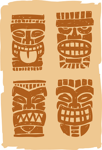 4 tiki god faces in a sketchy style