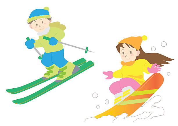 stockillustraties, clipart, cartoons en iconen met ski and snowboard set - manga boy action