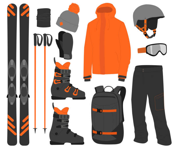 スキー用具キットの服ベクトルイラストを透明な背景に。極端な冬のスポーツ。スキーとスキーポールを設定します。休暇、アクティビティや旅行機器スポーツマウンテン冷たいレクリエー� - スキー点のイラスト素材／クリップアート素材／マンガ素材／アイコン素材