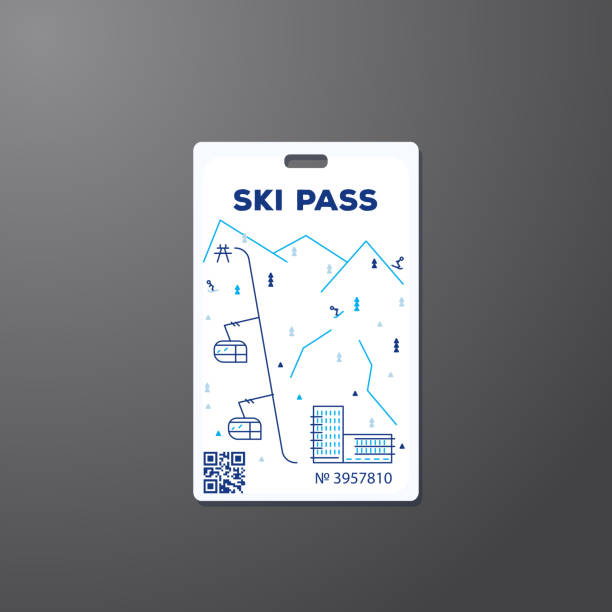Ski pass line style illustration Ski pass line style vector illustration. Ski pass template. Winter vacation and hotel, mountains and ski lift. Ticket to elevator. Card for snowboarding and winter entertainment. Lift pass. mountain pass stock illustrations