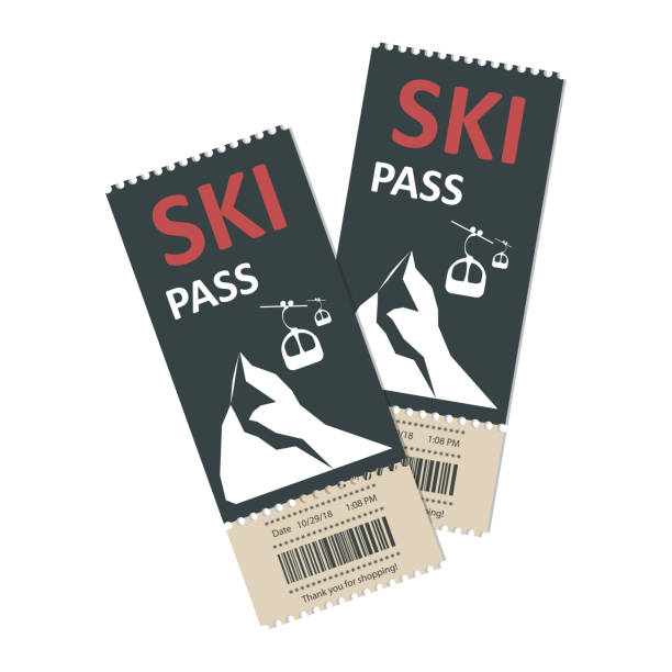 Ski pass Ski pass icon. Winter sport concept, mountains and ski lift. Ski pass template with barcode. Vector illustration. mountain pass stock illustrations