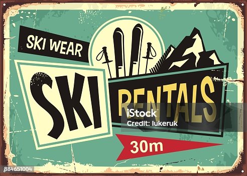 istock Ski rentals retro tin sign design 884651004
